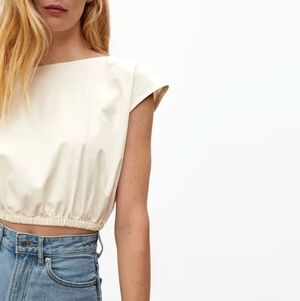Everlane Top Women 2XS XXS White Bubble Crop Crew Elastic Blouse Shirt Tank